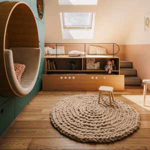 chunky-knit-round-wool-rug-carpet-boho-loft-interior-design-trends-kids-nursery-room-4